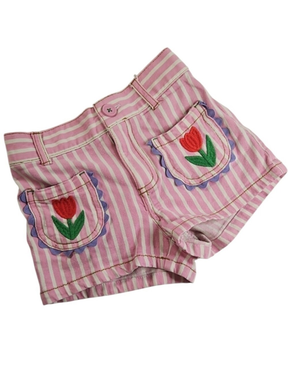 Boden Mini Girls Pink Striped Shorts with Tulip Pocket Embroidery, Size 5Y